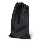 A black drawstring bag made of fabric, suitable for carrying sports equipment or accessories.