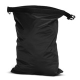 A black lightweight dry bag with a top strap and a secure closure. It has a simple design and features a logo.