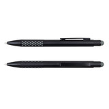 A stylus pen in black with a textured grip and a smooth finish, featuring a logo.