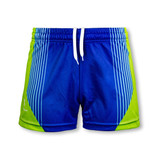 Bright blue and green custom kids sports shorts with side stripes and an elastic waistband. Features a logo.