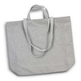 A grey tote bag with two handles, featuring a simple design and a logo.