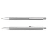 A metal pen with a sleek silver design featuring a ribbed grip and a clip. It has a branding logo.