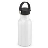 A drink bottle in white with a black carry lid and handle, featuring a sleek design and stainless steel construction.