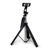 A black tripod with an adjustable phone holder and remote shutter feature.