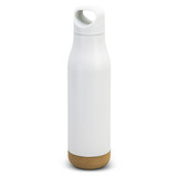 A drink bottle in white with a cork base, featuring a modern design and a handle for easy carrying.