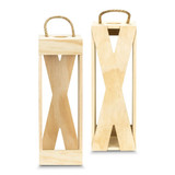 A wooden wine crate in a natural finish, with a rope handle, featuring a geometric design.