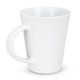 A white coffee mug with a curved handle and a smooth surface; it features a logo.