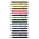 A collection of metal pens in various colours, each featuring a silver clip and detailing.