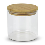 A large round storage canister made of clear glass with a bamboo lid.