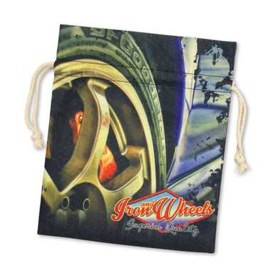 A large cotton gift bag featuring a graphic of car wheels. The bag has a drawstring closure and includes a logo.