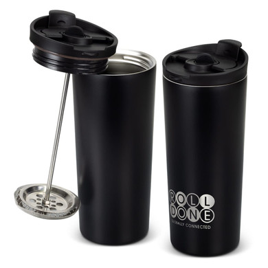 A drink bottle in black with a lid, a filter, and a logo. It features a sleek, modern design.