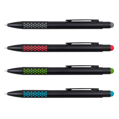 A set of four stylus pens in black with grey, red, green, and blue accents, each featuring a logo.