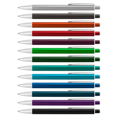 A collection of metal pens in various colours, including silver, orange, green, purple, and black, with silver accents.