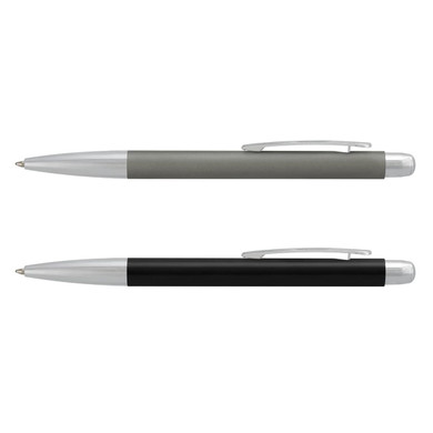 A set of two metal pens in grey and black, each featuring a silver clip and accents.
