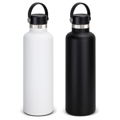 A drink bottle set featuring a matte white and a matte black vacuum bottle with carry lids. Both bottles have a sleek design.