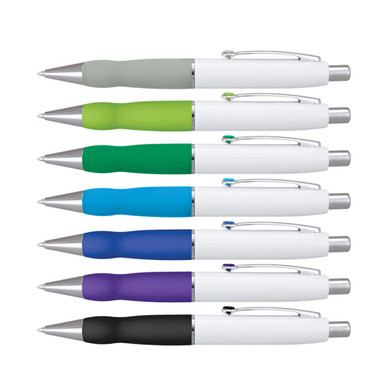 A set of metal pens with white barrels and coloured grips in grey, green, blue, turquoise, purple, and black.