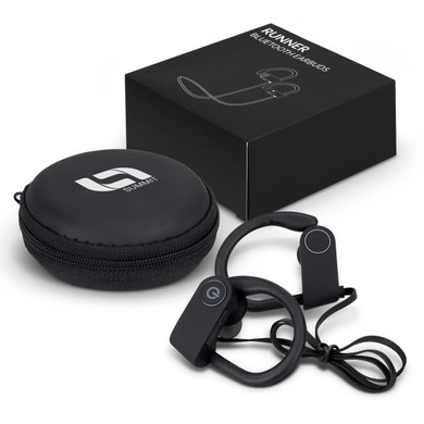 Runner Bluetooth earbuds in black with a small round carrying case and packaging. Earbuds have a distinctive design.