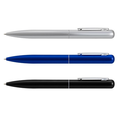 A collection of three metal pens in silver, blue, and black, featuring a clip and sleek design.