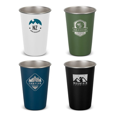 A collection of four plastic tumblers in white, green, blue, and black, each featuring distinct logos and designs.