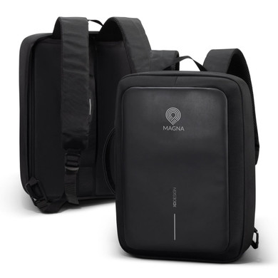 A black anti-theft backpack with adjustable straps, featuring a minimalistic design and a logo on the front.