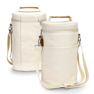 A double wine cooler bag in cream colour, featuring two carrying handles and a detachable shoulder strap. It also has a pocket.