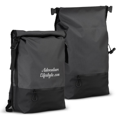Two grey Fjord Backpacks with a roll-top design and a black base, featuring a logo on the front.