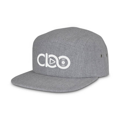 A grey cap featuring a flat brim and a logo on the front. Includes ventilation eyelets on the sides.