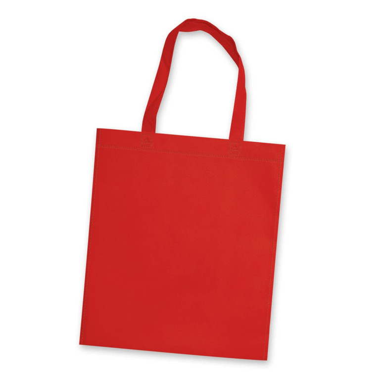 A red tote bag with two sturdy handles and a blank surface, designed for promotional use.