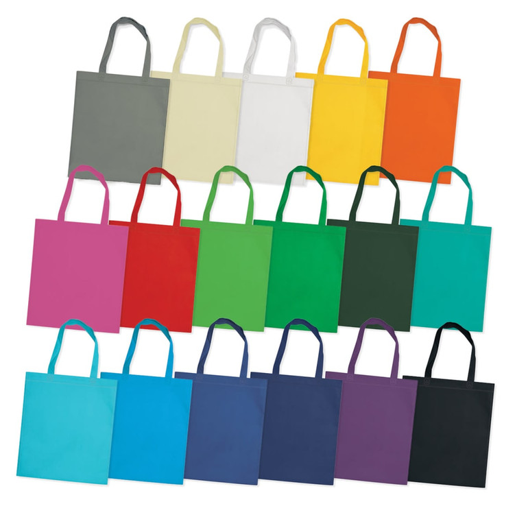 A collection of Viva Tote Bags in various colours, including grey, white, orange, pink, green, blue, and black. Each bag has handles and a logo.