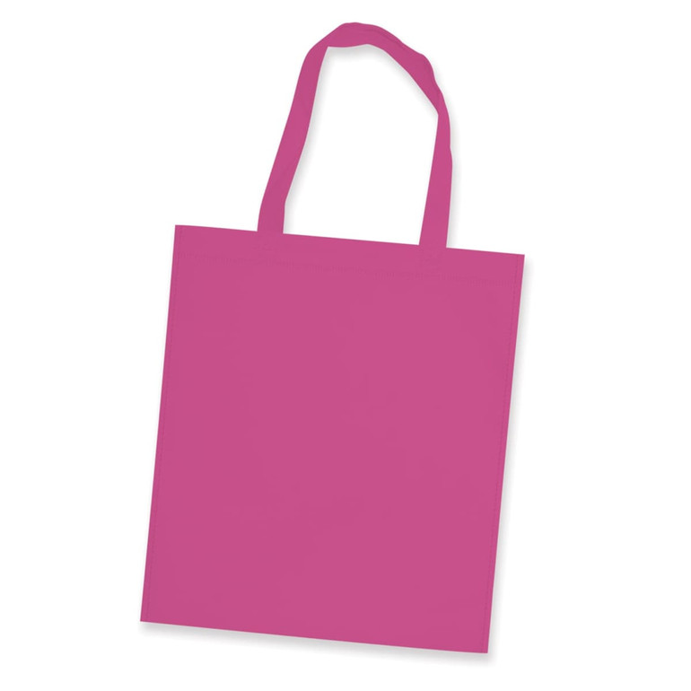 A pink tote bag with shoulder straps and a simple design. It features a logo on one side.
