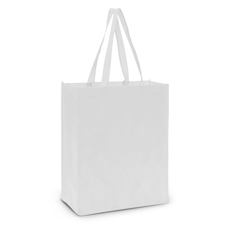 A white tote bag with two sturdy straps, designed for versatility and durability.