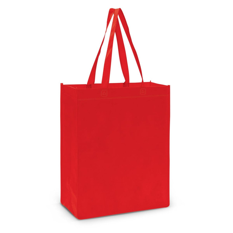 A red tote bag with two sturdy handles, featuring a spacious interior for carrying items.