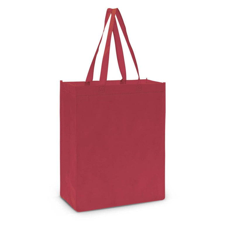 A red tote bag with two sturdy handles. The bag features a spacious design suitable for carrying various items.