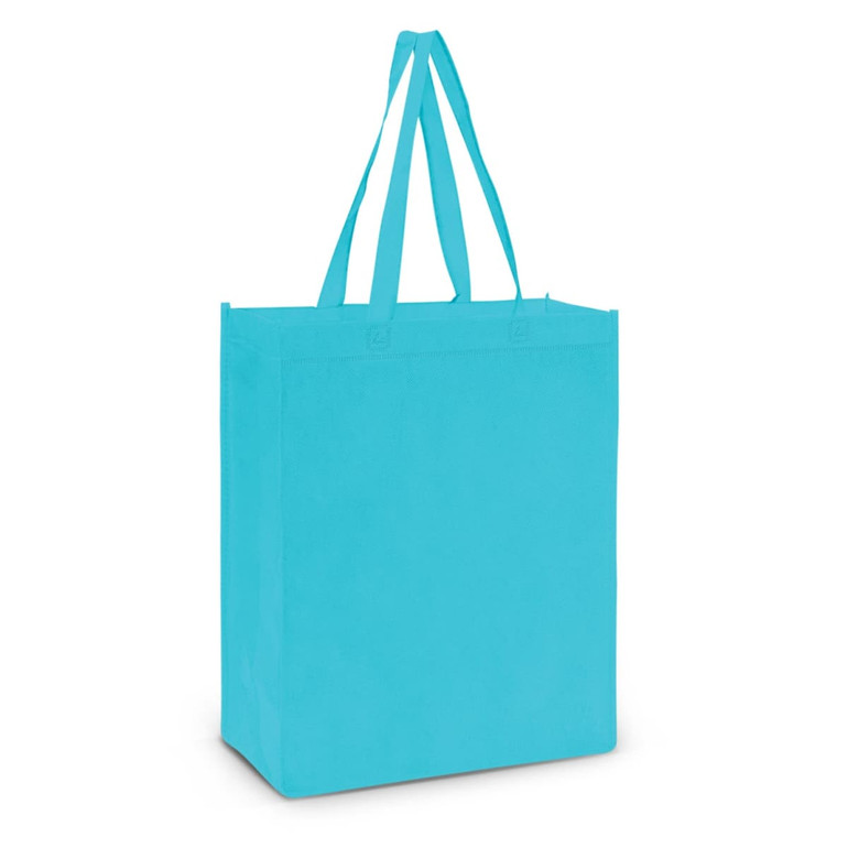 A turquoise tote bag with two sturdy handles, featuring a spacious design ideal for carrying various items.