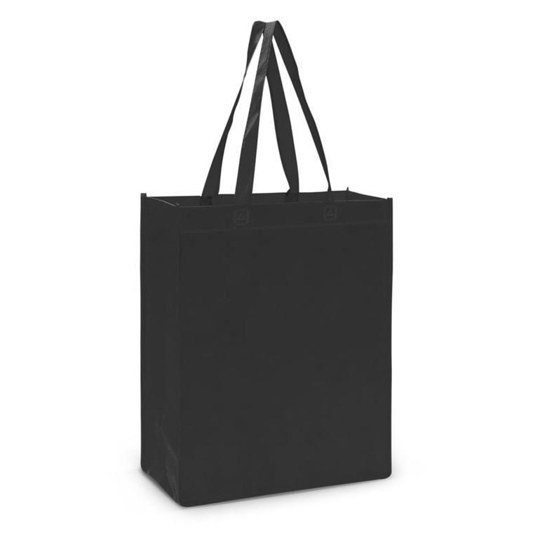 A black tote bag with two sturdy handles and a spacious design.