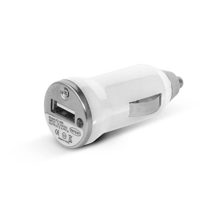 A white USB car charger with a silver trim and a single USB port. It features a logo on the side.