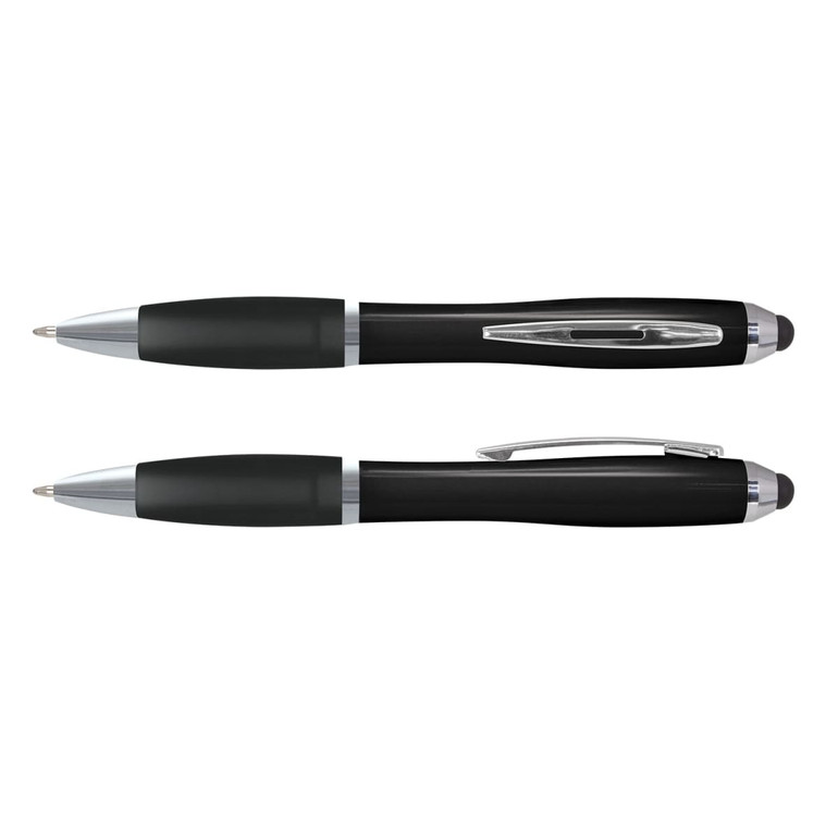 A black stylus pen with silver accents, featuring a logo, positioned at two angles.