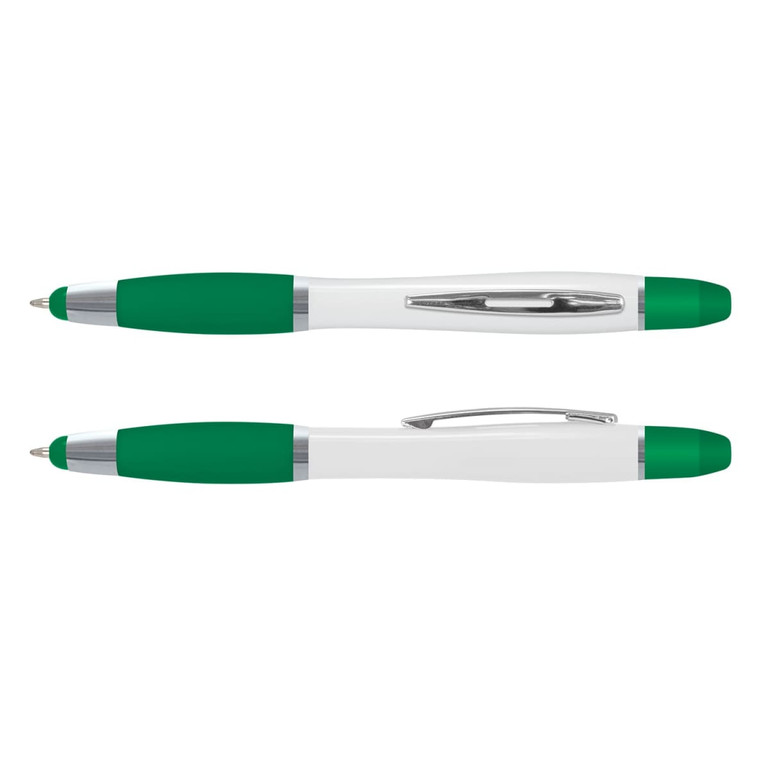 A multi-function pen featuring a white body with green grips and accents, along with a silver clip and branding.