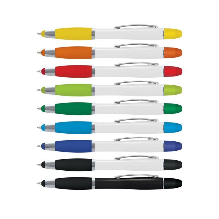 A collection of Vistro Multi-Function Pens in various colours, featuring a silver clip and accents, with a branding logo.