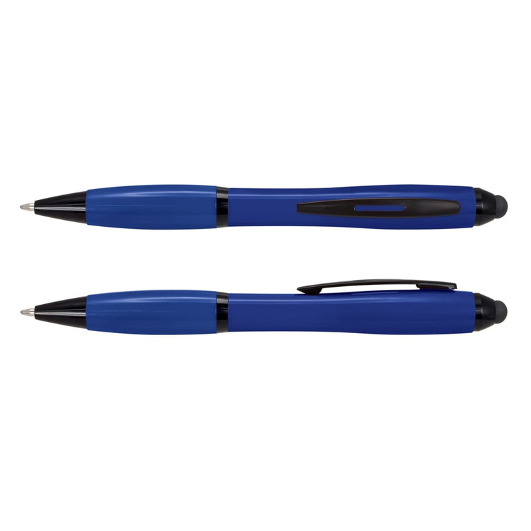 A blue stylus pen with a black tip and clip, featuring a sleek design and smooth finish.