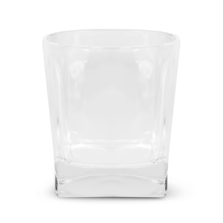 A glass tumbler with a clear, straight-edged design and a sturdy base. It features a logo on the side.