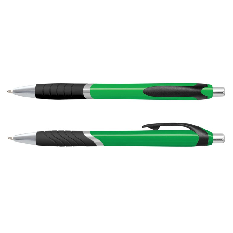 A green plastic pen with a black grip and silver accents, featuring a logo on the barrel.