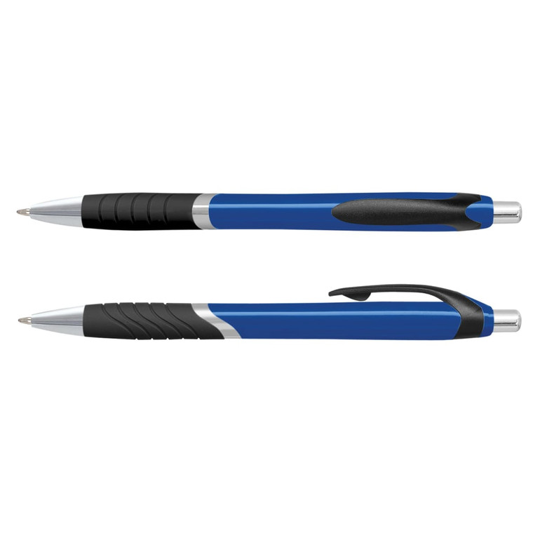 A plastic pen with a blue barrel and black grip, featuring a clip and a silver trim. Includes branding on the barrel.