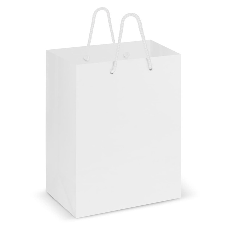 A medium laminated carry bag in a solid white color, featuring sturdy rope handles and a smooth finish.