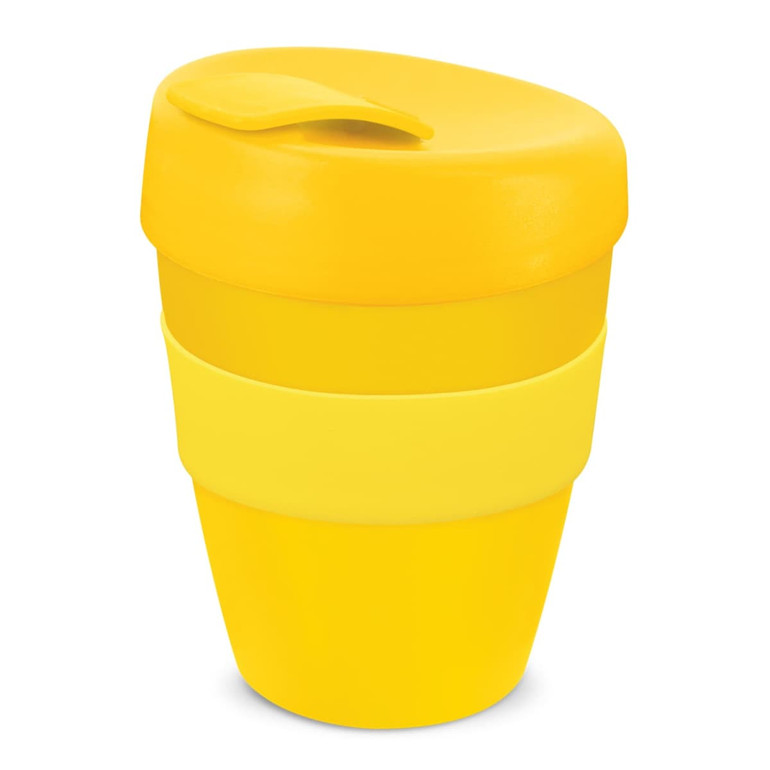 A drink bottle in bright yellow with a matching lid and silicone grip, featuring a logo. A drink bottle in bright yellow with a matching lid and silicone grip, featuring a logo.