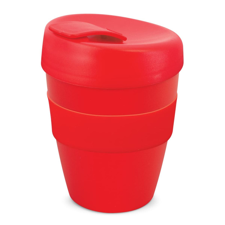 A drink bottle in vibrant red with a flexible design and a lid, featuring a logo. Holds 350ml of liquid.