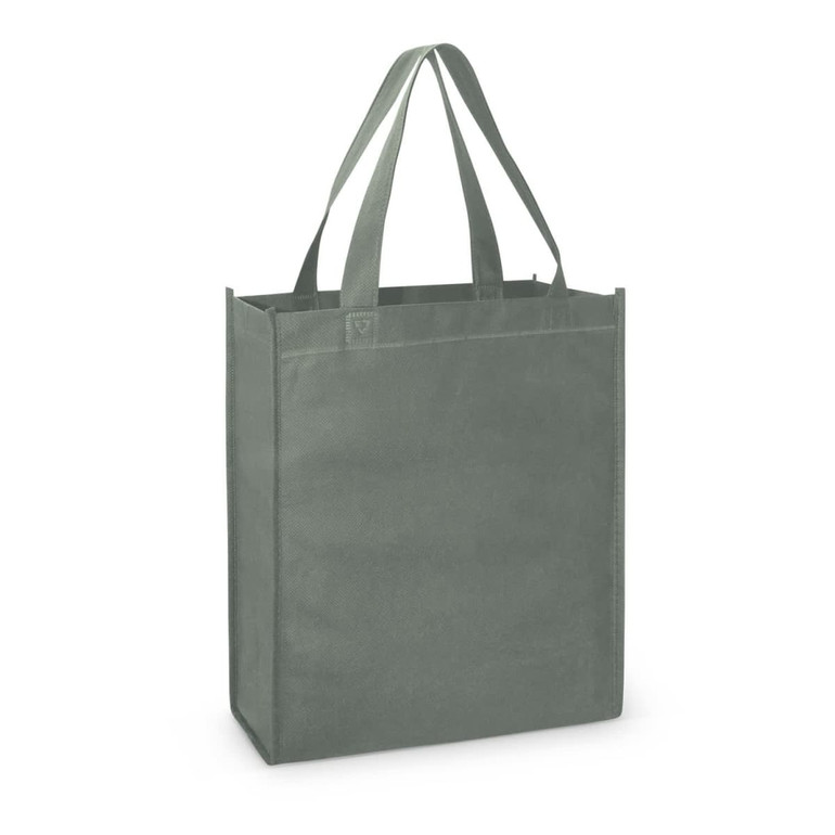 A green tote bag with two handles and a simple design. It has a logo on one side.