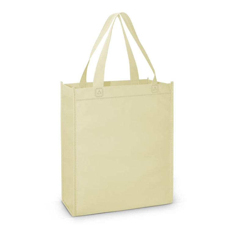 A light yellow A4 tote bag with two handles and a simple design, featuring a logo on one side.
