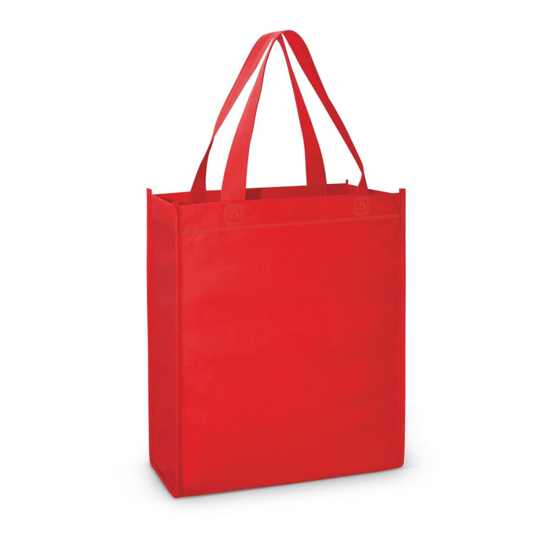 A red tote bag with two handles and a simple, unembellished design. It features a logo on the side.