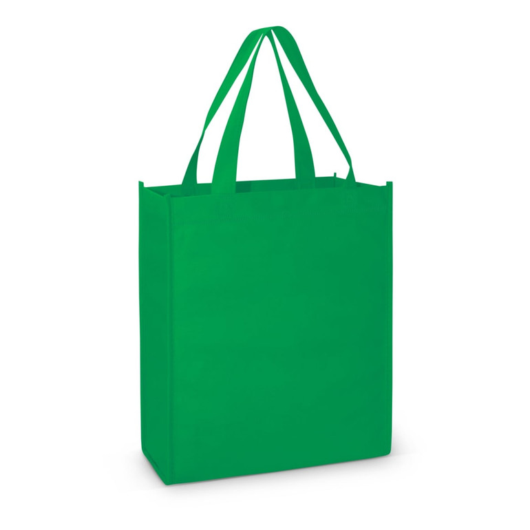 A green tote bag with two handles and a simple design, featuring a logo on one side.